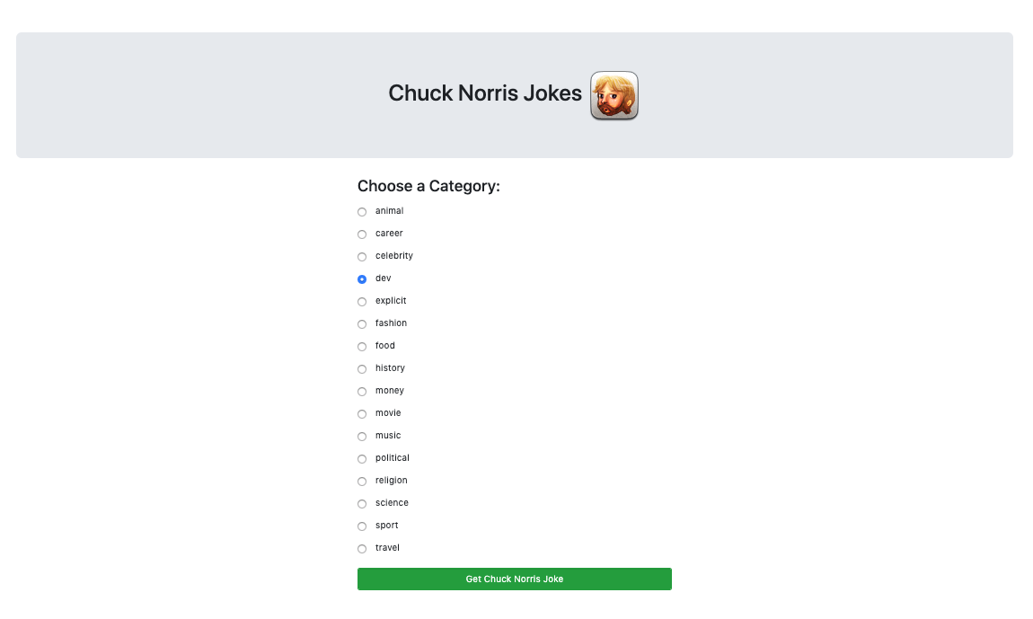 <h2>Chuck Norris Jokes App</h2> - This app was created for the one and only Chuck Norris and his infinite awesomeness. 
                    This app demonstrates using an API to create a simple fun joke app. Choose your category and let the laughs begin.<br>
                    <a target="_blank" href="https://jokechucknorrisapp.herokuapp.com">Github Link</a>