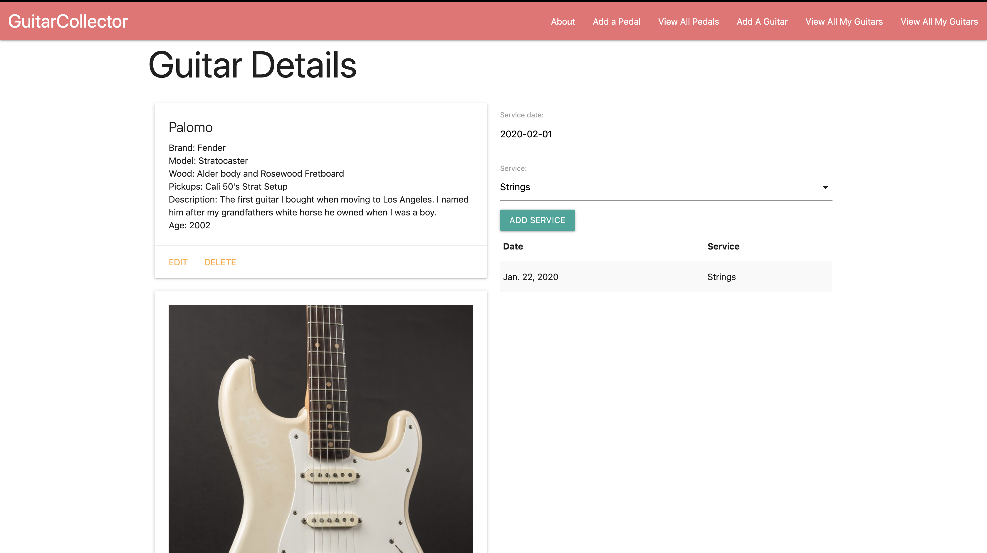 <h2>Guitar Collector App</h2> - This app allows you to keep track of your guitar collection. You can save the 
                    information of your guitar, the pedals that go with your guitar setup and the services that you have done to your guitar. <br>
                    <a target="_blank" href="https://github.com/rayplaza/Guitar-Collector">Github Link</a>