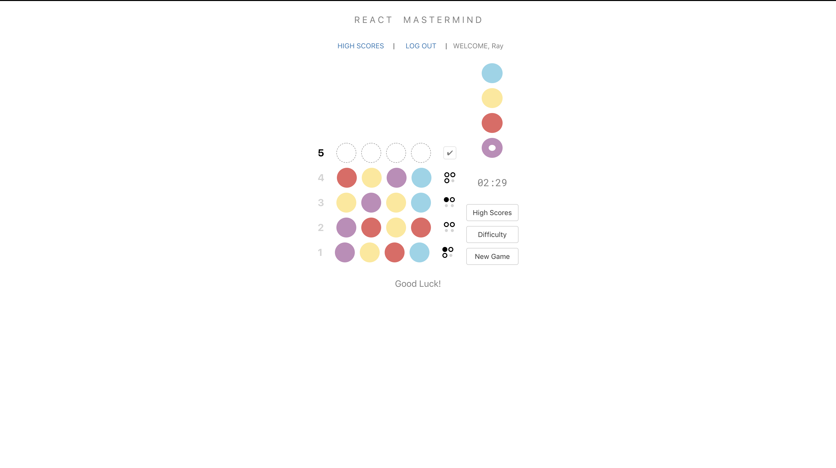 <h2>React Mastermind App</h2> - A React.js game based off the 1973 board game Mastermind. You are able to log high scores and choose your difficulty. 
                    The object of the game is to guess the color and pattern combination in enough tries and as quickly as possible.
                    This app used the full MERN stack of Mongoose, Express, React and Node as well as Javascript and game logic.<br>
                    <a target="_blank" href="https://github.com/rayplaza/mastermind">Github Link</a>